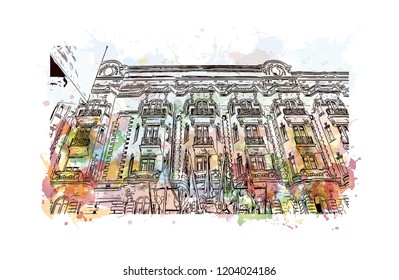 Building view with landmark of Cannes City in France. Watercolor splash with hand drawn sketch illustration in vector.