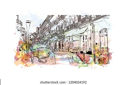 Building view with landmark of Cannes City in France. Watercolor splash with hand drawn sketch illustration in vector.