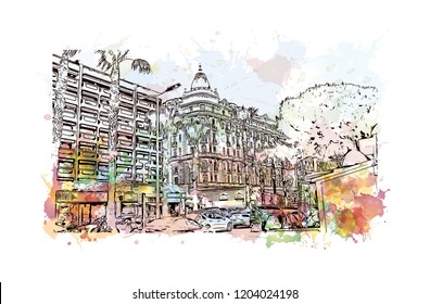 Building view with landmark of Cannes City in France. Watercolor splash with hand drawn sketch illustration in vector.