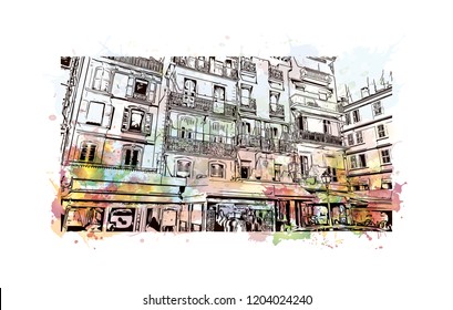 Building view with landmark of Cannes City in France. Watercolor splash with hand drawn sketch illustration in vector.