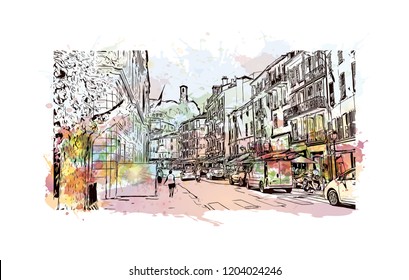 Building view with landmark of Cannes City in France. Watercolor splash with hand drawn sketch illustration in vector.