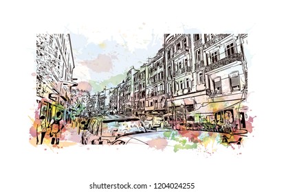Building view with landmark of Cannes City in France. Watercolor splash with hand drawn sketch illustration in vector.