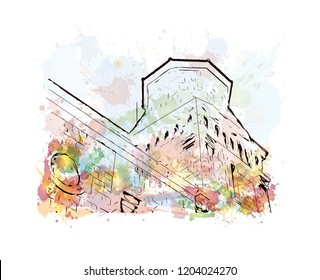Building view with landmark of Cannes City in France. Watercolor splash with hand drawn sketch illustration in vector.