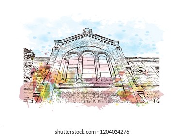 Building view with landmark of Cannes City in France. Watercolor splash with hand drawn sketch illustration in vector.