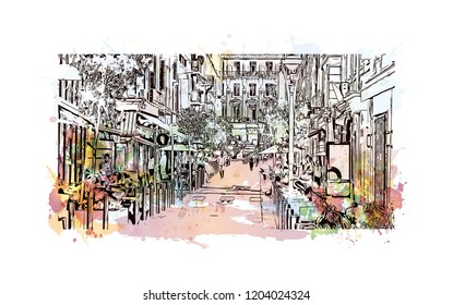 Building view with landmark of Cannes City in France. Watercolor splash with hand drawn sketch illustration in vector.