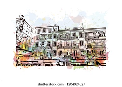 Building view with landmark of Cannes City in France. Watercolor splash with hand drawn sketch illustration in vector.