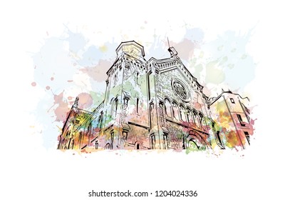 Building view with landmark of Cannes City in France. Watercolor splash with hand drawn sketch illustration in vector.