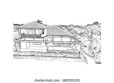 Building view with landmark of Cape Coral is the
city in Florida. Hand drawn sketch illustration in vector.