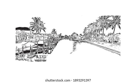 Building view with landmark of Cape Coral is the
city in Florida. Hand drawn sketch illustration in vector.