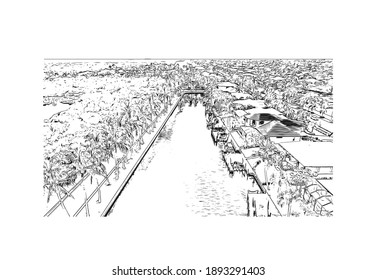Building view with landmark of Cape Coral is the
city in Florida. Hand drawn sketch illustration in vector.