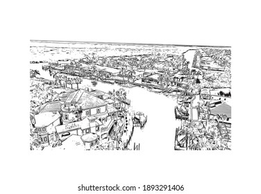 Building view with landmark of Cape Coral is the
city in Florida. Hand drawn sketch illustration in vector.