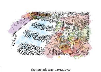 Building view with landmark of Cape Coral is the
city in Florida. Watercolor splash with hand drawn sketch illustration in vector.