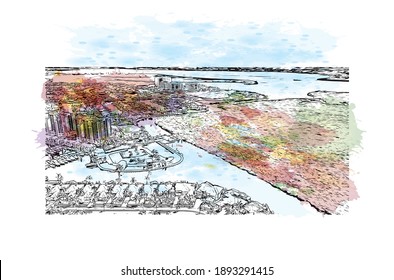 Building view with landmark of Cape Coral is the
city in Florida. Watercolor splash with hand drawn sketch illustration in vector.