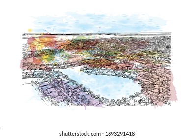 Building view with landmark of Cape Coral is the
city in Florida. Watercolor splash with hand drawn sketch illustration in vector.
