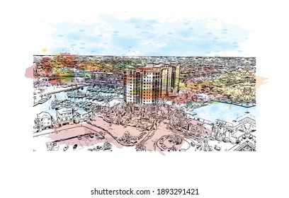 Building view with landmark of Cape Coral is the
city in Florida. Watercolor splash with hand drawn sketch illustration in vector.