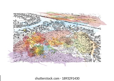 Building view with landmark of Cape Coral is the
city in Florida. Watercolor splash with hand drawn sketch illustration in vector.