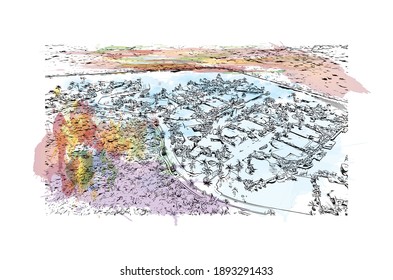 Building view with landmark of Cape Coral is the
city in Florida. Watercolor splash with hand drawn sketch illustration in vector.
