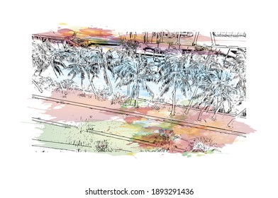 Building view with landmark of Cape Coral is the
city in Florida. Watercolor splash with hand drawn sketch illustration in vector.