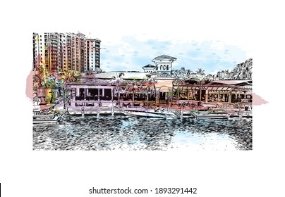Building view with landmark of Cape Coral is the
city in Florida. Watercolor splash with hand drawn sketch illustration in vector.