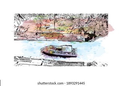 Building view with landmark of Cape Coral is the
city in Florida. Watercolor splash with hand drawn sketch illustration in vector.