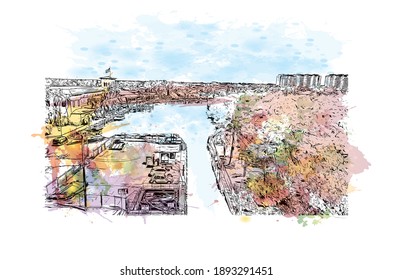 Building view with landmark of Cape Coral is the
city in Florida. Watercolor splash with hand drawn sketch illustration in vector.