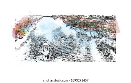 Building view with landmark of Cape Coral is the
city in Florida. Watercolor splash with hand drawn sketch illustration in vector.