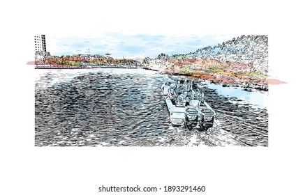 Building view with landmark of Cape Coral is the
city in Florida. Watercolor splash with hand drawn sketch illustration in vector.