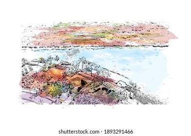 Building view with landmark of Cape Coral is the
city in Florida. Watercolor splash with hand drawn sketch illustration in vector.