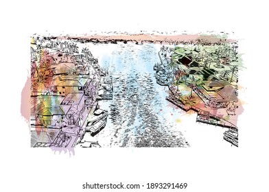 Building view with landmark of Cape Coral is the
city in Florida. Watercolor splash with hand drawn sketch illustration in vector.