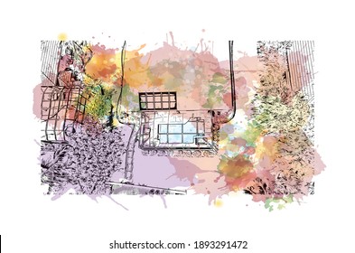 Building view with landmark of Cape Coral is the
city in Florida. Watercolor splash with hand drawn sketch illustration in vector.