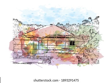 Building view with landmark of Cape Coral is the
city in Florida. Watercolor splash with hand drawn sketch illustration in vector.