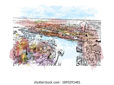 Building view with landmark of Cape Coral is the
city in Florida. Watercolor splash with hand drawn sketch illustration in vector.