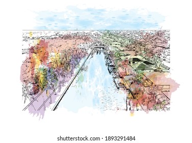 Building view with landmark of Cape Coral is the
city in Florida. Watercolor splash with hand drawn sketch illustration in vector.