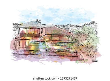 Building view with landmark of Cape Coral is the
city in Florida. Watercolor splash with hand drawn sketch illustration in vector.