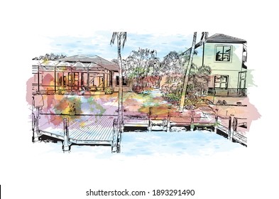 Building view with landmark of Cape Coral is the
city in Florida. Watercolor splash with hand drawn sketch illustration in vector.