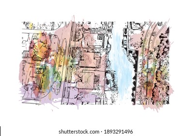 Building view with landmark of Cape Coral is the
city in Florida. Watercolor splash with hand drawn sketch illustration in vector.
