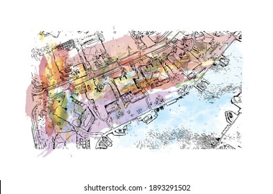 Building view with landmark of Cape Coral is the
city in Florida. Watercolor splash with hand drawn sketch illustration in vector.