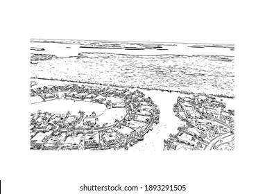 Building view with landmark of Cape Coral is the
city in Florida. Hand drawn sketch illustration in vector.