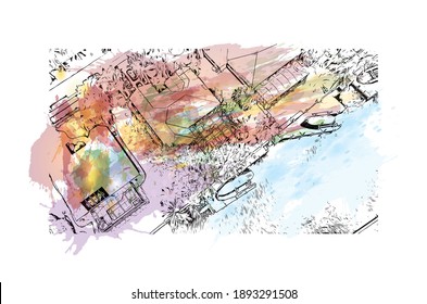 Building view with landmark of Cape Coral is the
city in Florida. Watercolor splash with hand drawn sketch illustration in vector.