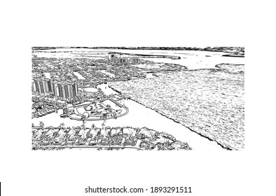 Building view with landmark of Cape Coral is the
city in Florida. Hand drawn sketch illustration in vector.