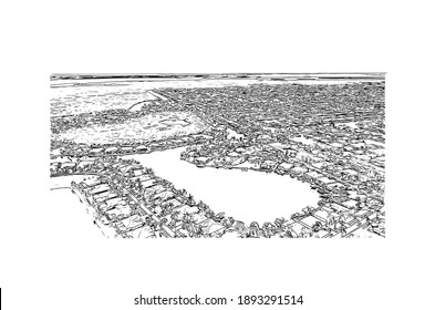 Building view with landmark of Cape Coral is the
city in Florida. Hand drawn sketch illustration in vector.