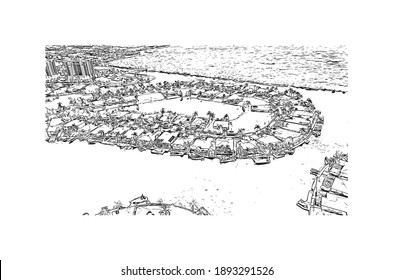 Building view with landmark of Cape Coral is the
city in Florida. Hand drawn sketch illustration in vector.