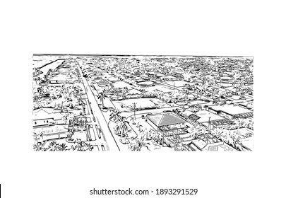 Building view with landmark of Cape Coral is the
city in Florida. Hand drawn sketch illustration in vector.