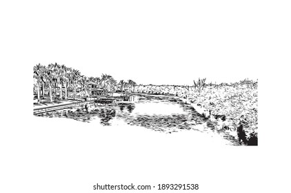 Building view with landmark of Cape Coral is the
city in Florida. Hand drawn sketch illustration in vector.