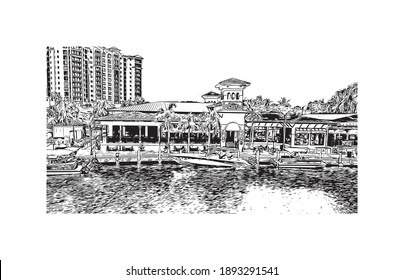 Building view with landmark of Cape Coral is the
city in Florida. Hand drawn sketch illustration in vector.