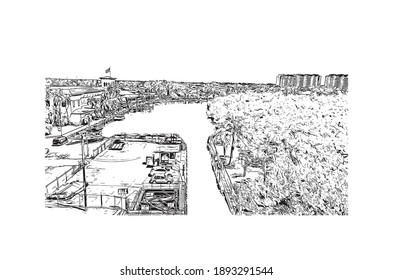 Building view with landmark of Cape Coral is the
city in Florida. Hand drawn sketch illustration in vector.