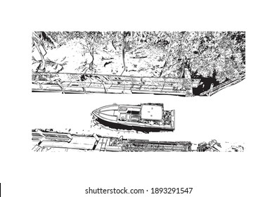 Building view with landmark of Cape Coral is the
city in Florida. Hand drawn sketch illustration in vector.