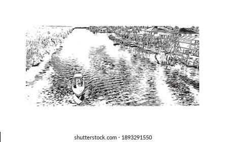 Building view with landmark of Cape Coral is the
city in Florida. Hand drawn sketch illustration in vector.