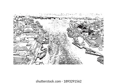 Building view with landmark of Cape Coral is the
city in Florida. Hand drawn sketch illustration in vector.