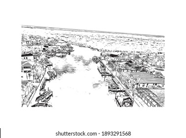 Building view with landmark of Cape Coral is the
city in Florida. Hand drawn sketch illustration in vector.